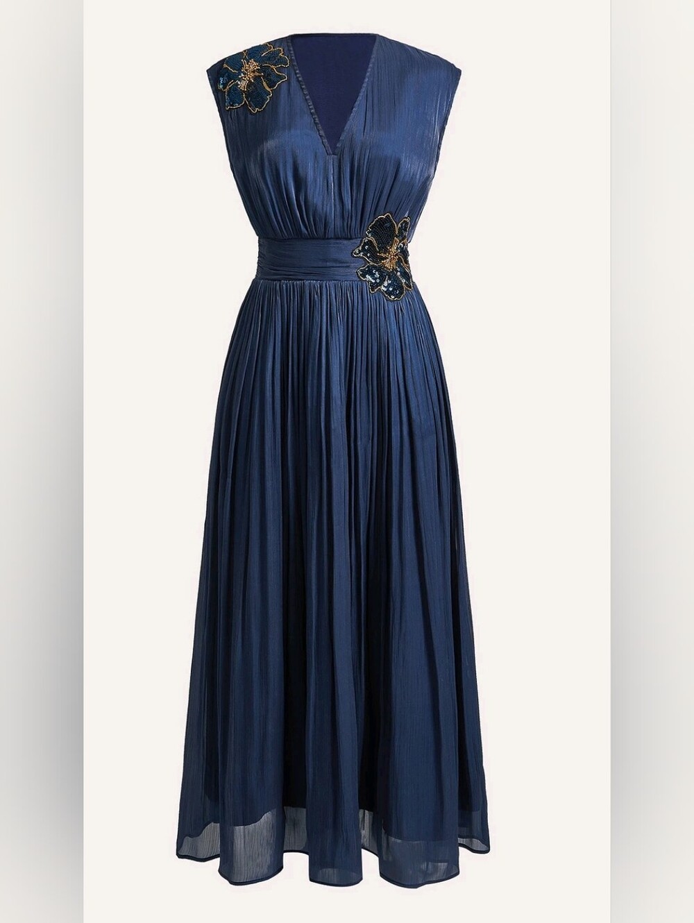 New Metallic Sequin Beaded 3D Flower Maxi Dress Ruched Waist Navy Blue - Picture 7 of 14
